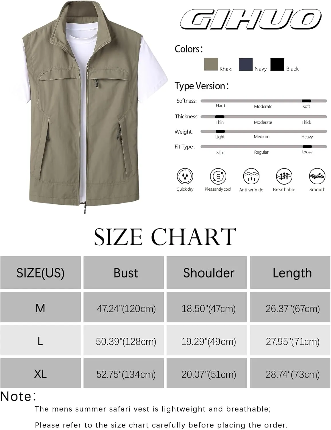 Gihuo Mens Casual Lightweight Travel Vest Summer Utility Safari Vest Sleeveless Jackets for Travel Hiking Fishing