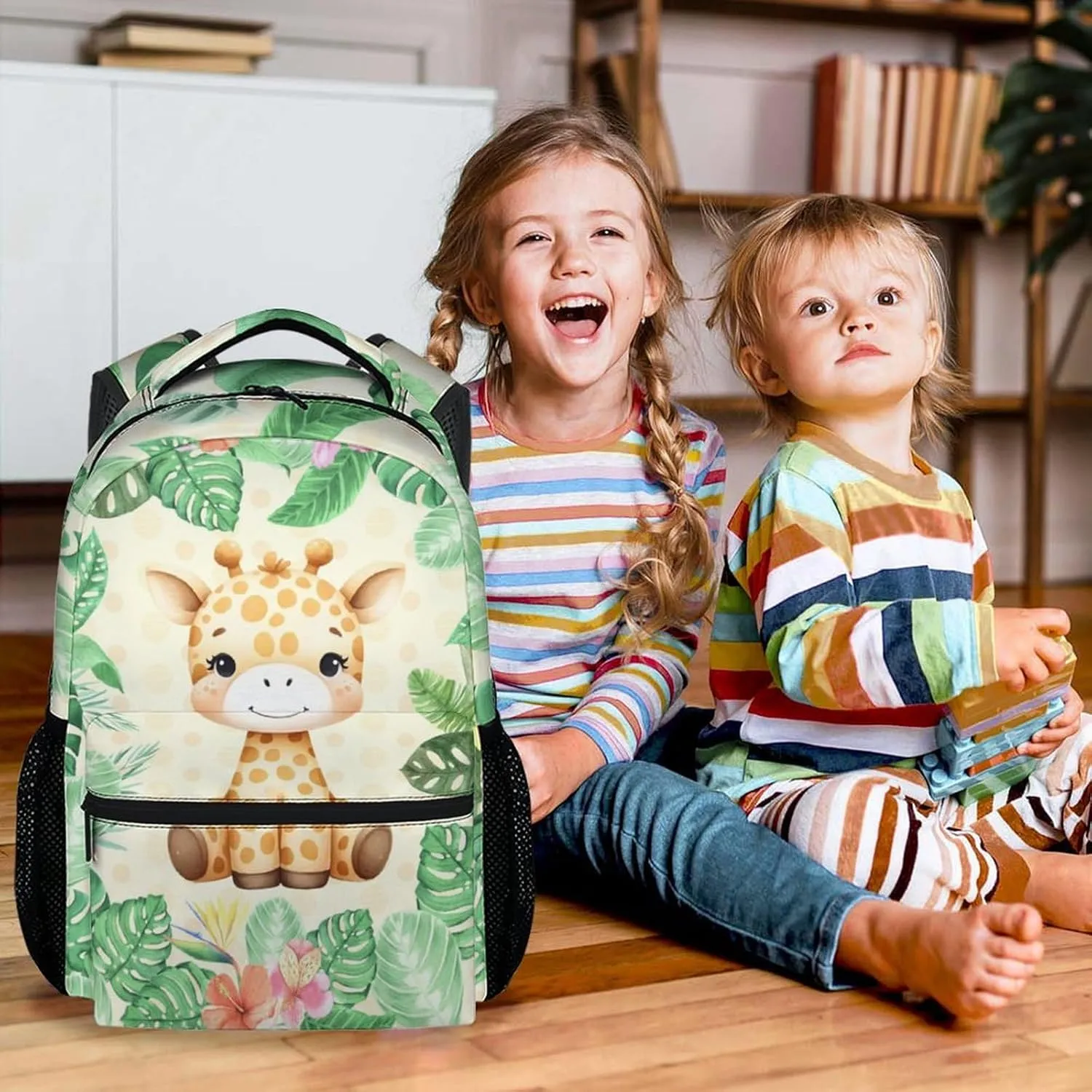 Giraffe School Backpack for Kids - 17 Inch Green Backpacks for Boys 10-12 Years - Lightweight Cute Bookbag for Middle School