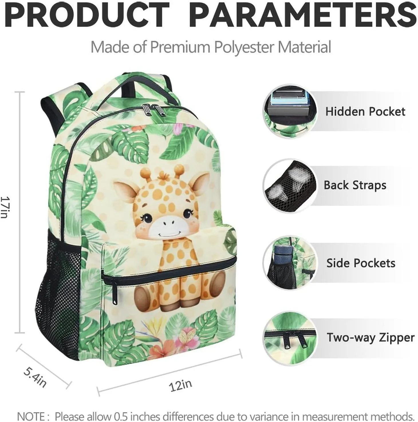 Giraffe School Backpack for Kids - 17 Inch Green Backpacks for Boys 10-12 Years - Lightweight Cute Bookbag for Middle School