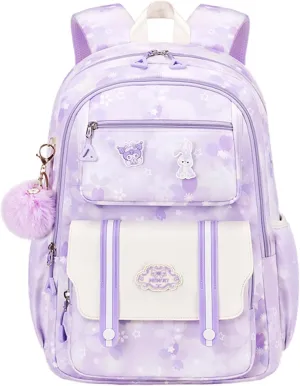 Girl backpack,Kids Backpack for Girl Kawaii Lightweight School Backpack Anti-theft Back Pocket Print Flowers Elementary Bookbag (Purple)