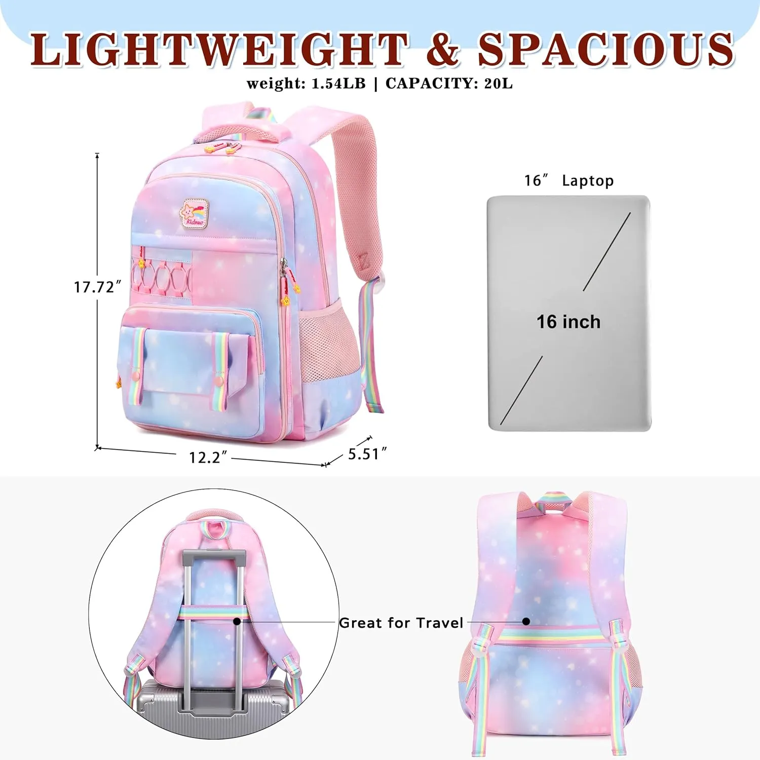 Girls Backpack 15.6 Inch Laptop School Bag Cute Kids Kindergarten Elementary Backpacks Middle Schoolbag Large Bookbags for Women Teens Students Anti Theft Travel Daypack (Pink)