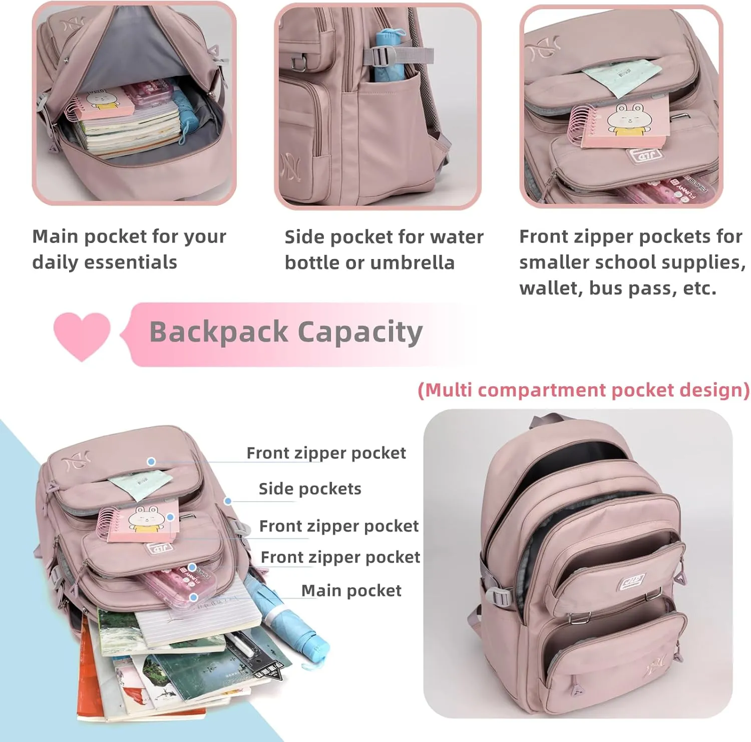 Girls Backpack Large-Capacity Middle Elementary School Casual Bookbag Kids Outdoor Travel bag Solid Color Daypack for Teens