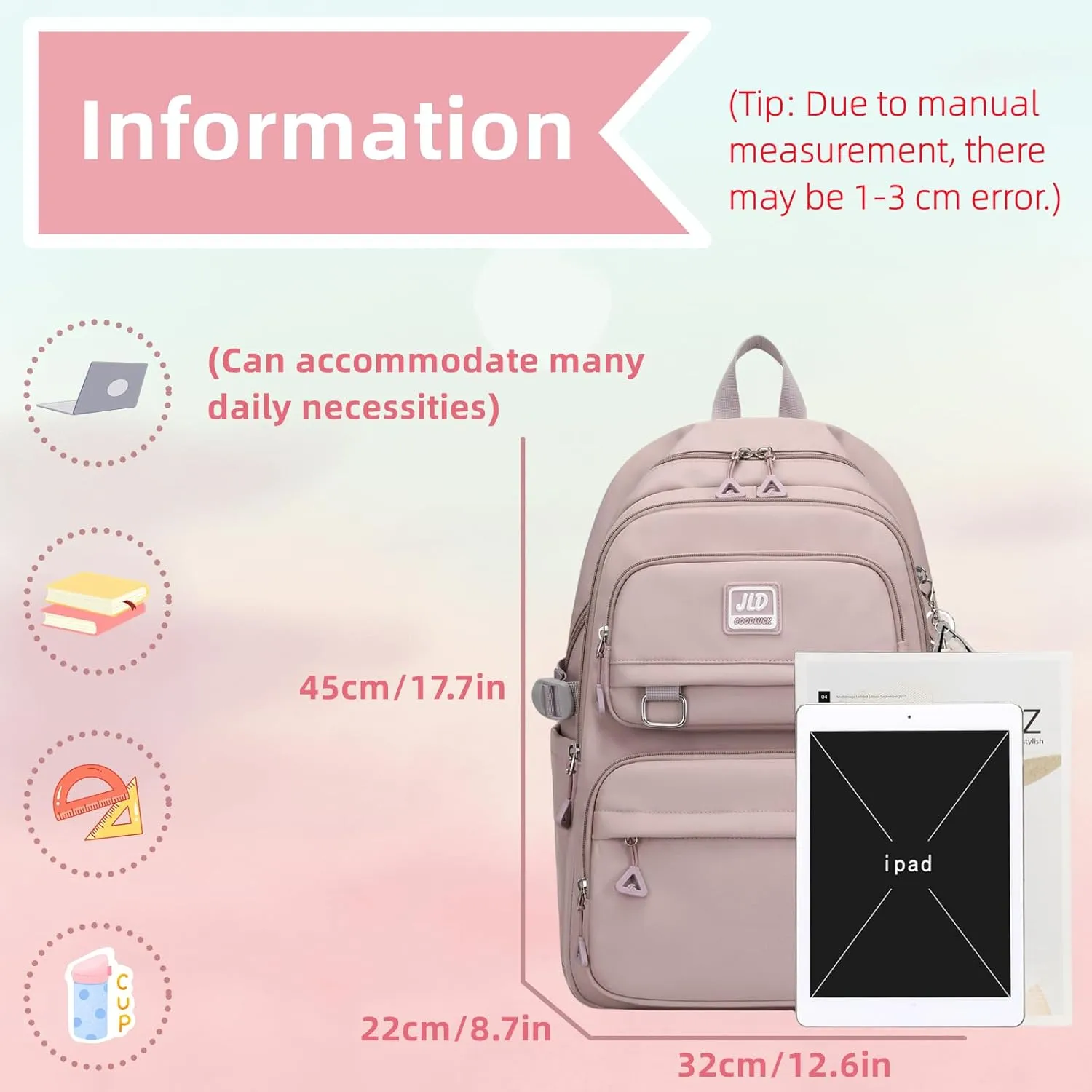 Girls Backpack Large-Capacity Middle Elementary School Casual Bookbag Kids Outdoor Travel bag Solid Color Daypack for Teens