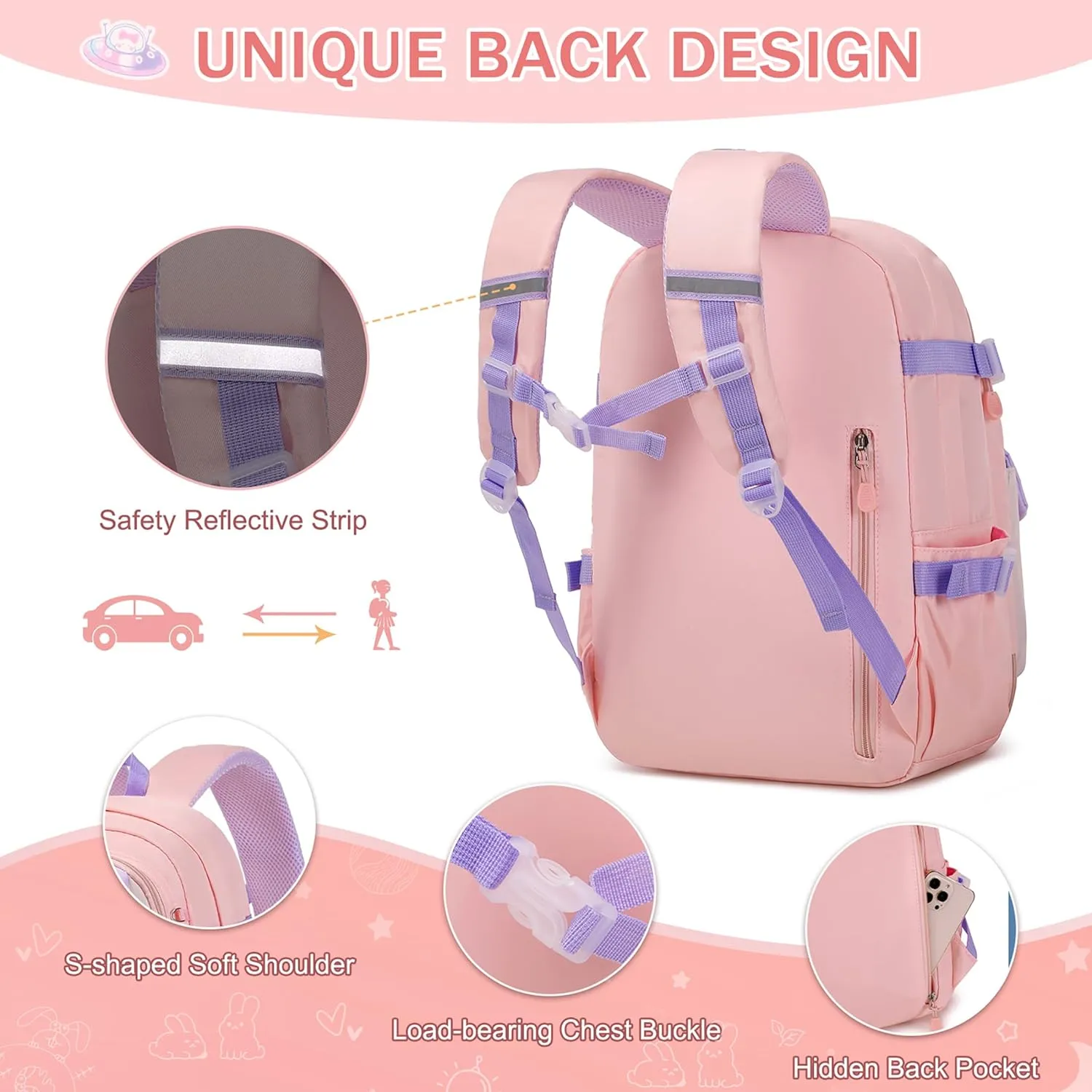 Girls Backpack, School Backpacks 16 * 11.5 * 7.5in for Girls, Cute Book Bag with Compartments for Teen Girl Kid Students Elementary Middle School, Kids' School Bag