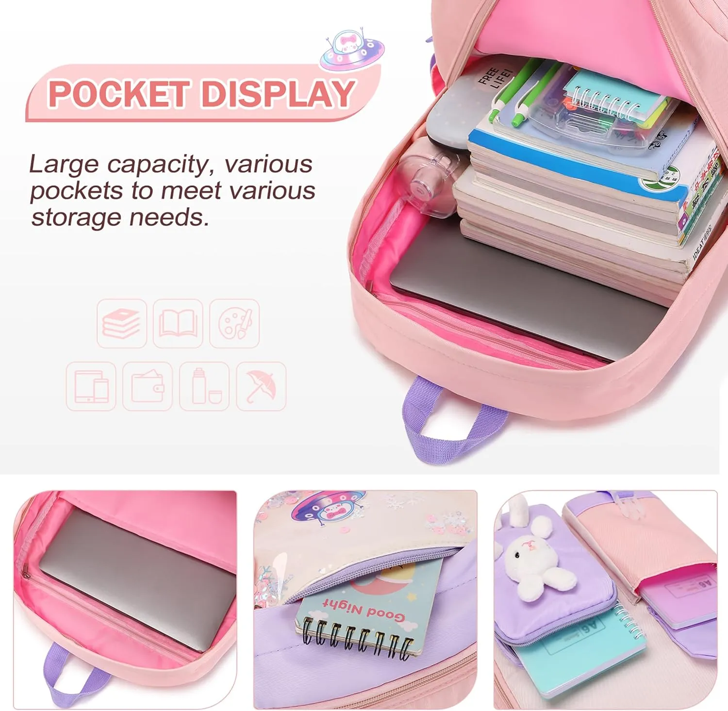 Girls Backpack, School Backpacks 16 * 11.5 * 7.5in for Girls, Cute Book Bag with Compartments for Teen Girl Kid Students Elementary Middle School, Kids' School Bag