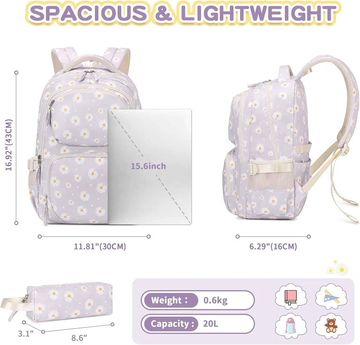 Girls backpack, School Backpacks for Girls with Pencil Case Set School Bags Kawaii Bookbag for Elementary Midde School, Age 6-12, Gray Daisy