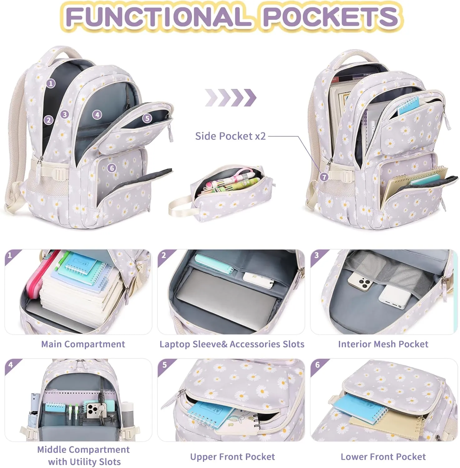 Girls backpack, School Backpacks for Girls with Pencil Case Set School Bags Kawaii Bookbag for Elementary Midde School, Age 6-12, Gray Daisy
