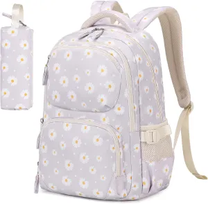 Girls backpack, School Backpacks for Girls with Pencil Case Set School Bags Kawaii Bookbag for Elementary Midde School, Age 6-12, Gray Daisy
