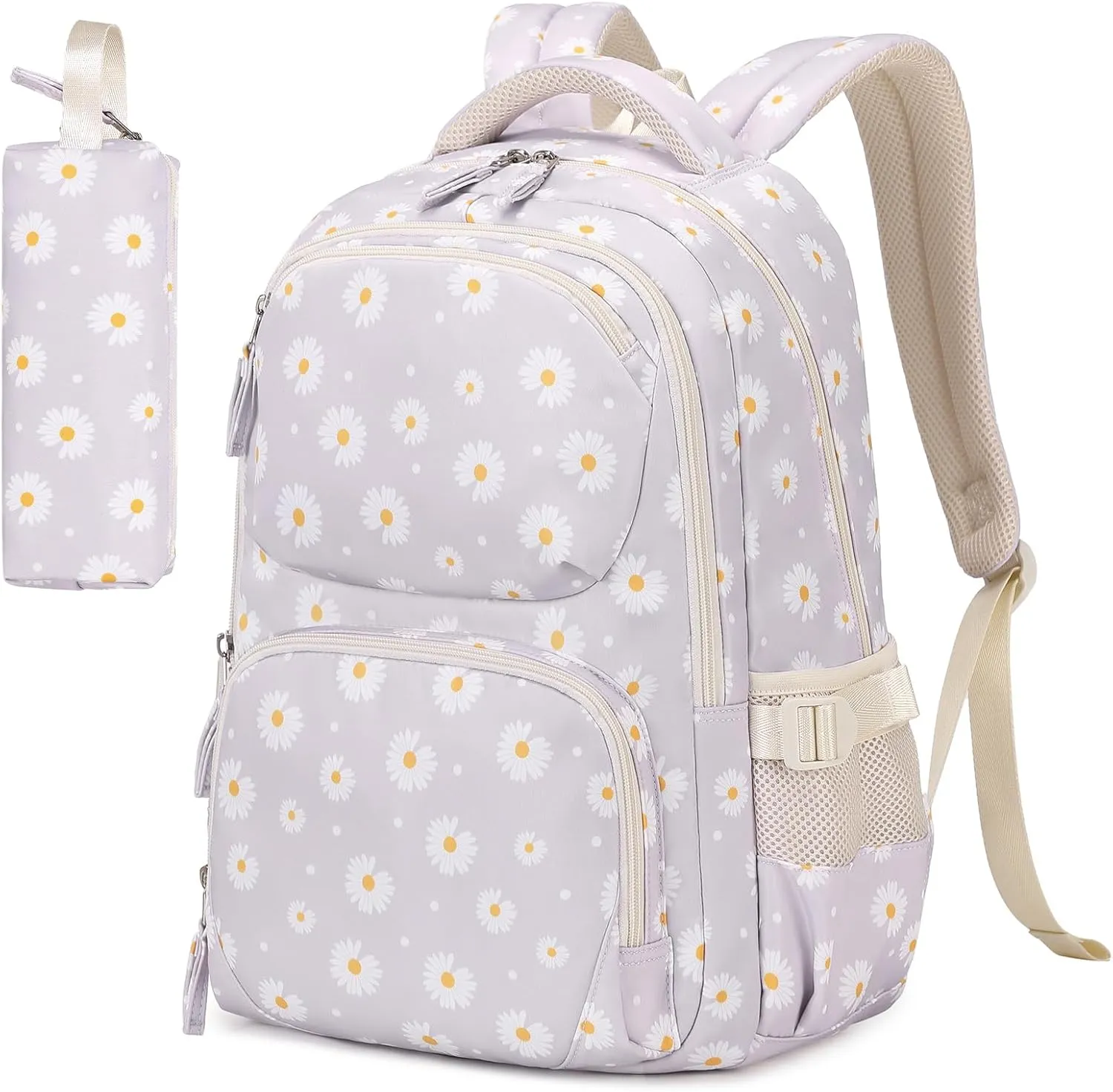 Girls backpack, School Backpacks for Girls with Pencil Case Set School Bags Kawaii Bookbag for Elementary Midde School, Age 6-12, Gray Daisy