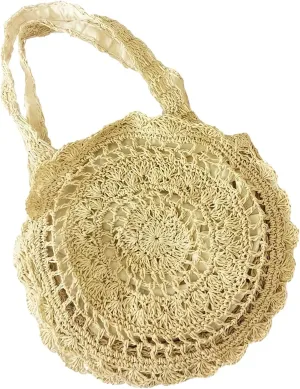 GK-O Lady Straw Tote Bags Round Handbag Crochet Wicker Rattan Boho Woven Beach Summer