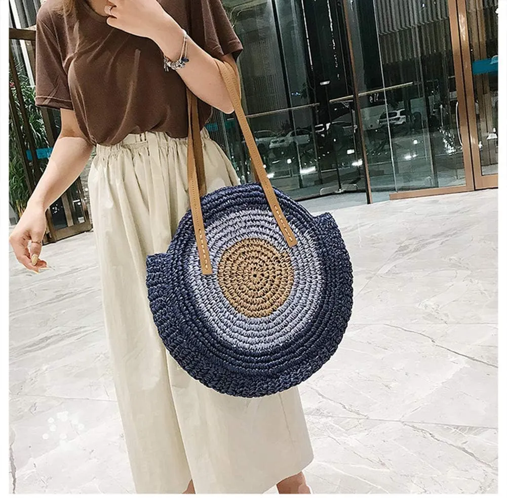 GL-Turelifes Round Summer Straw Bag Big Weave Handbags Beach Shoulder Bags Vocation Tote HandbagsTravel Bag for Women