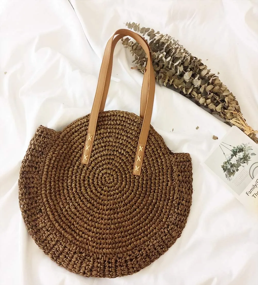 GL-Turelifes Round Summer Straw Bag Big Weave Handbags Beach Shoulder Bags Vocation Tote HandbagsTravel Bag for Women