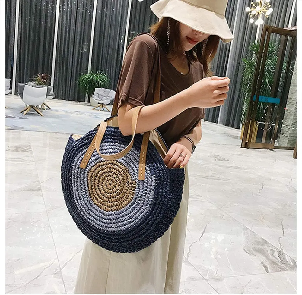 GL-Turelifes Round Summer Straw Bag Big Weave Handbags Beach Shoulder Bags Vocation Tote HandbagsTravel Bag for Women