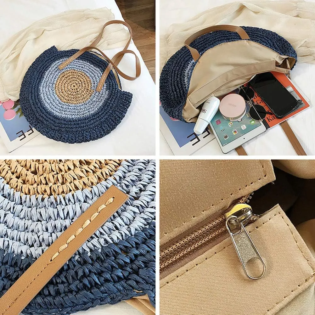GL-Turelifes Round Summer Straw Bag Big Weave Handbags Beach Shoulder Bags Vocation Tote HandbagsTravel Bag for Women