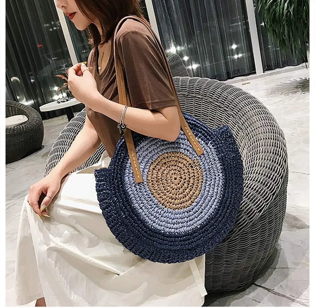 GL-Turelifes Round Summer Straw Bag Big Weave Handbags Beach Shoulder Bags Vocation Tote HandbagsTravel Bag for Women