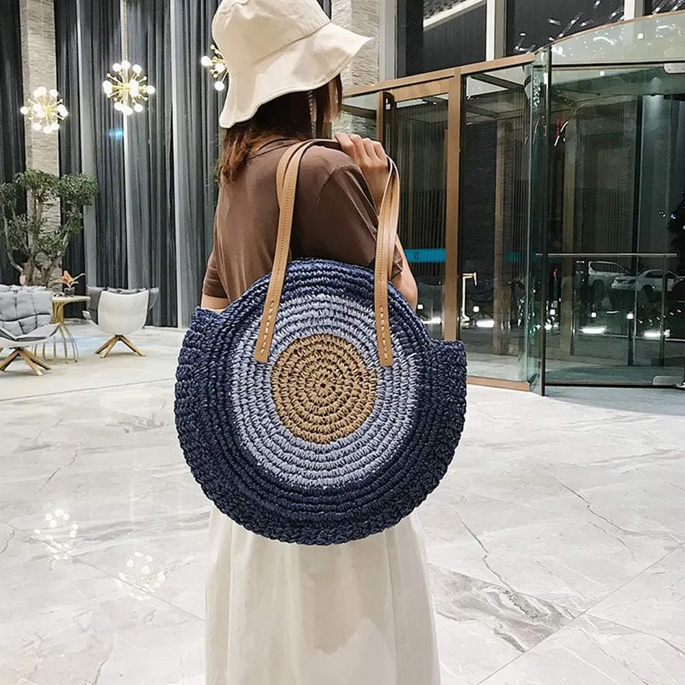 GL-Turelifes Round Summer Straw Bag Big Weave Handbags Beach Shoulder Bags Vocation Tote HandbagsTravel Bag for Women
