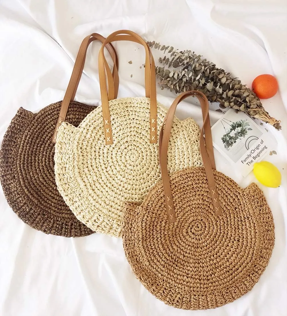 GL-Turelifes Round Summer Straw Bag Big Weave Handbags Beach Shoulder Bags Vocation Tote HandbagsTravel Bag for Women