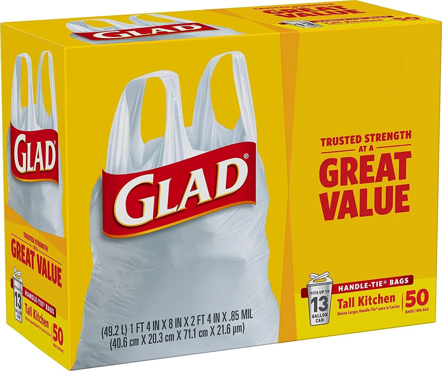 Glad 13 Gal. Tall Kitchen Handle-Tie Bags 50 ct (Pack of 4)