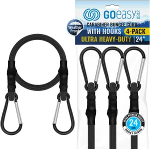 GOEASY0312 Carabiner Bungee Cords with Hooks Heavy Duty - 24" Elastic Black Bungee Cords with Carabiner Hooks 200 LBS Max Break Strength, UV Resistant for Camping, Tarps, Bike Rack, Tent, Car - 4 Pcs