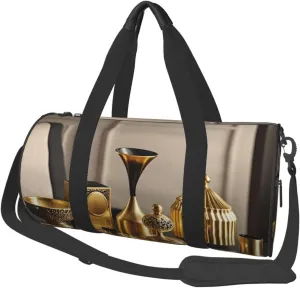 Gold Black Print Round Large Capacity Travel Luggage Bags,Men's and Women's Hand-Held Travel Clothing Bags
