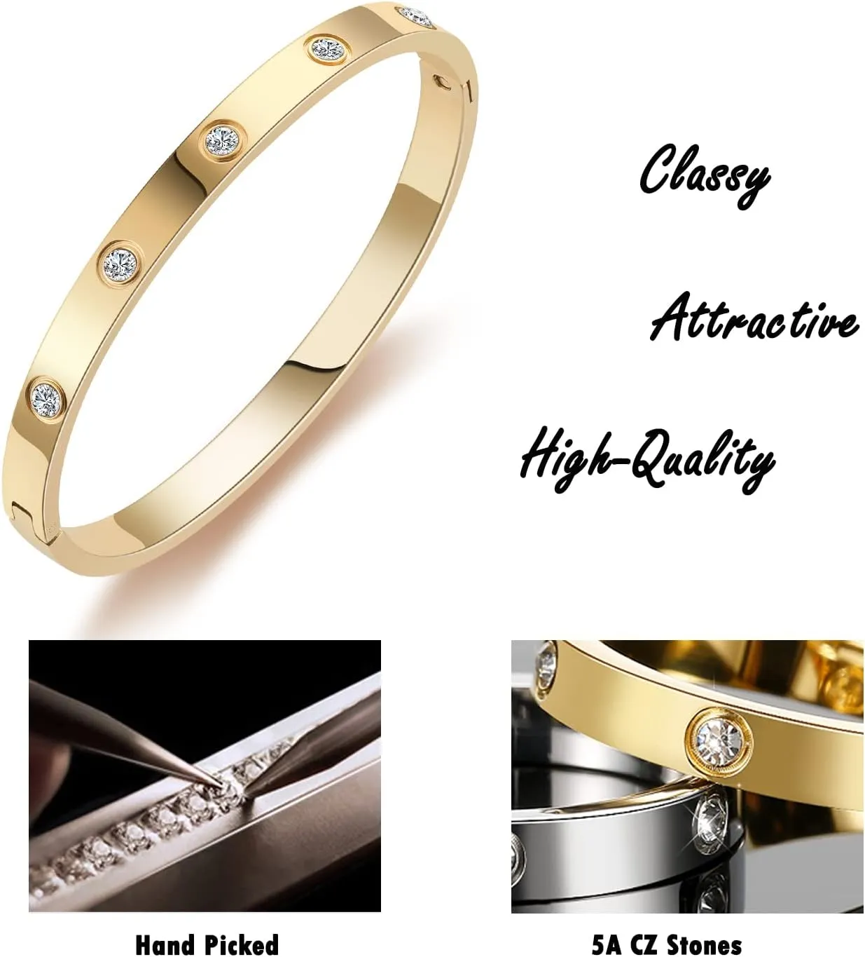 Gold Bracelets for Women Friendship Love Bangle Bracelets Cubic Zirconia Stainless Steel Bracelet Jewelry Birthday Gifts for Women Stocking Stuffers