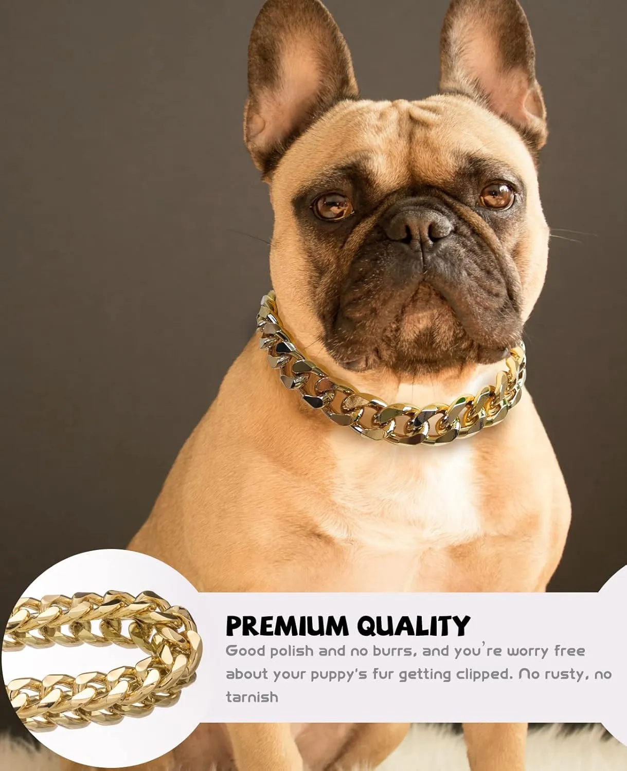 Gold Chain Dog Collar - 7/8 inch Wide Metal Cuban Link Dog Necklace with Leather Belt, Lightweight Protect Puppy's Neck, Cute Fashion Dog Jewelry Accessories 22 inches
