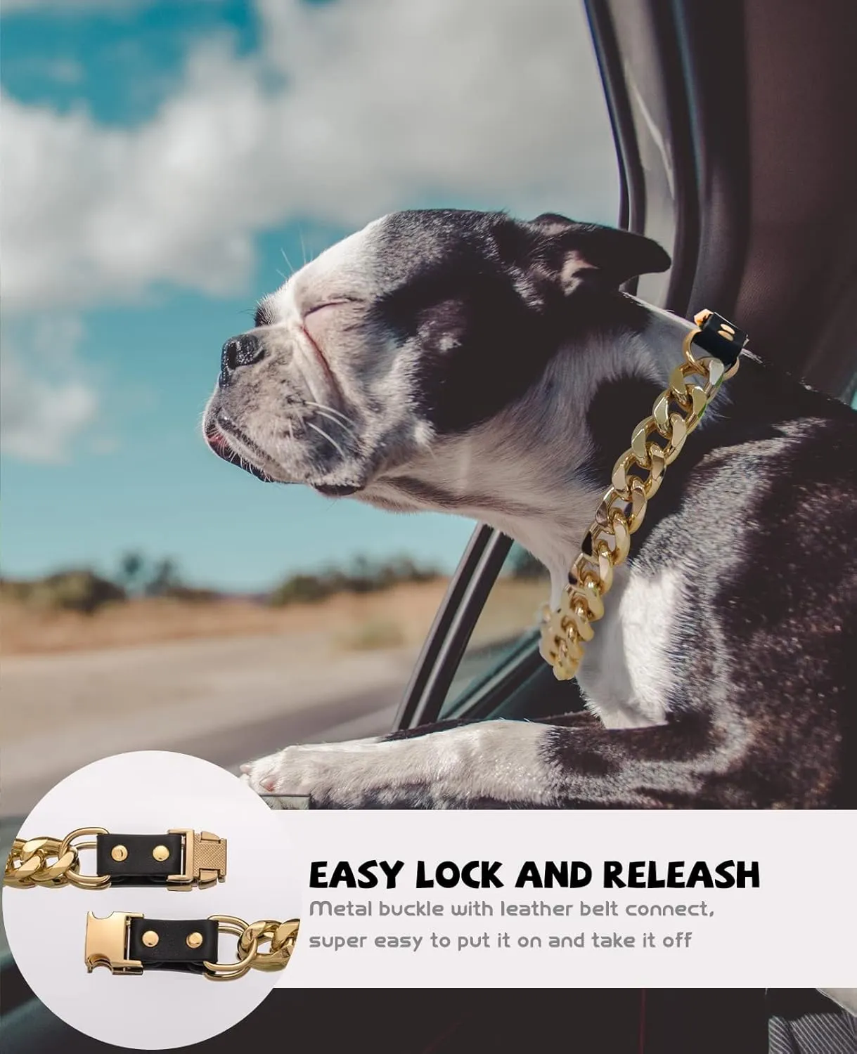 Gold Chain Dog Collar - 7/8 inch Wide Metal Cuban Link Dog Necklace with Leather Belt, Lightweight Protect Puppy's Neck, Cute Fashion Dog Jewelry Accessories 22 inches