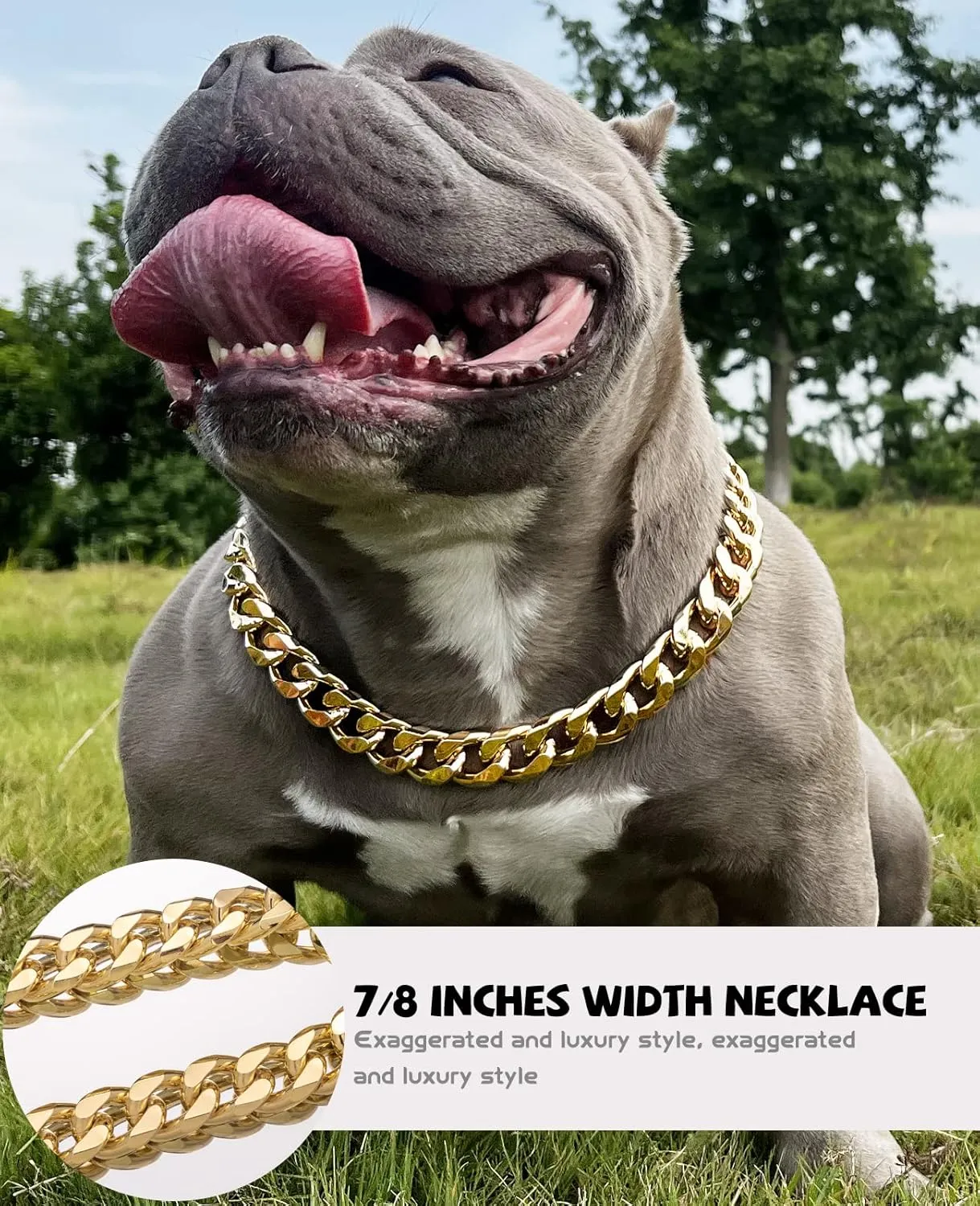 Gold Chain Dog Collar - 7/8 inch Wide Metal Cuban Link Dog Necklace with Leather Belt, Lightweight Protect Puppy's Neck, Cute Fashion Dog Jewelry Accessories 22 inches
