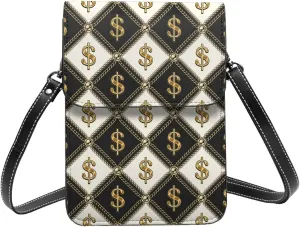 gold chains dollar sign Checkered black white Crossbody Cell Phone Purse for Women Girls Leather Mini Cross Body Bags Small Shoulder Bags