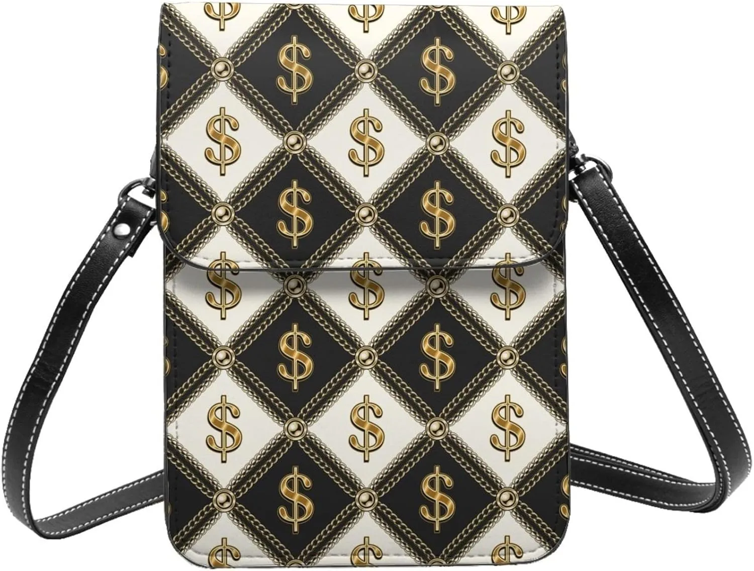 gold chains dollar sign Checkered black white Crossbody Cell Phone Purse for Women Girls Leather Mini Cross Body Bags Small Shoulder Bags