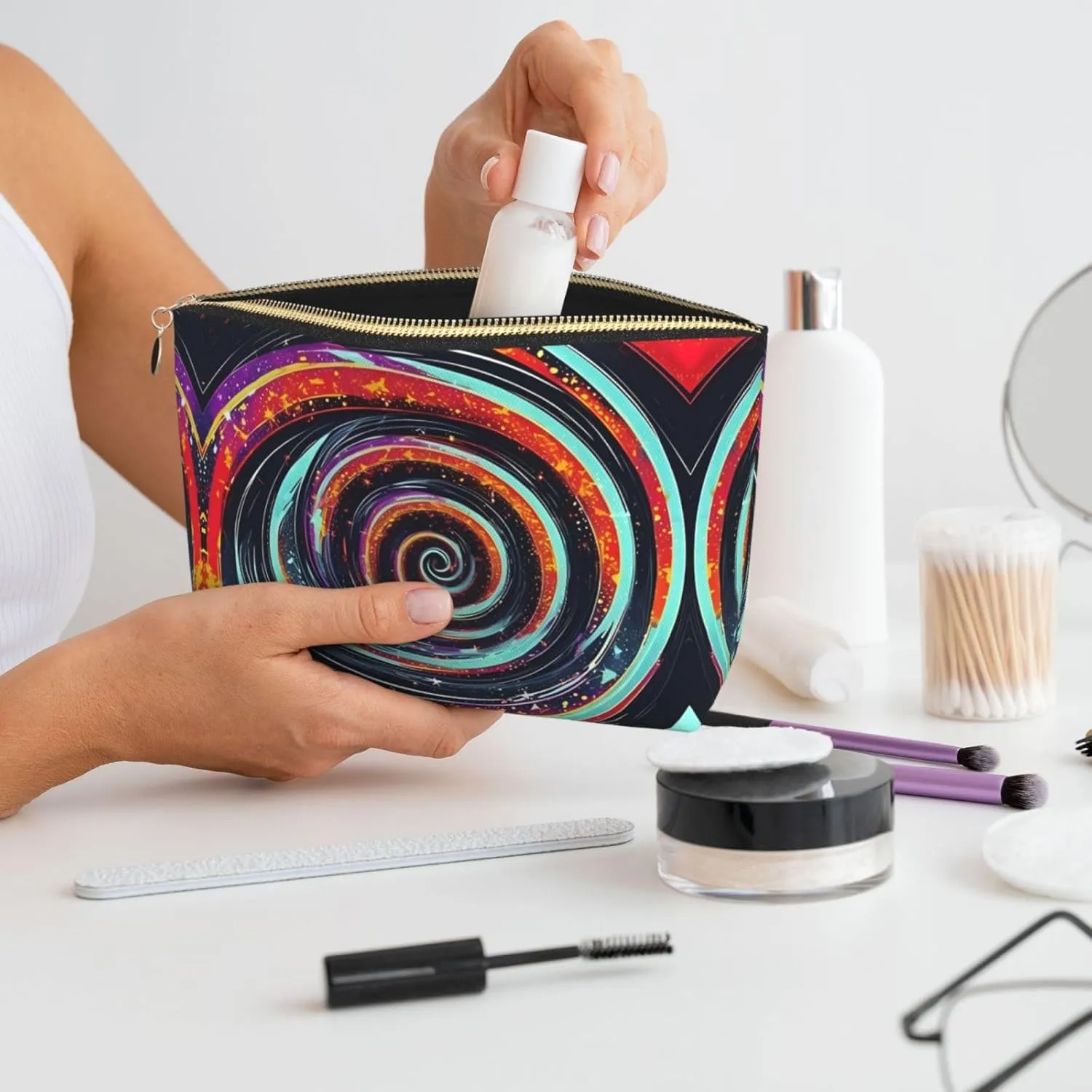 Gold Leather Travel Toiletry Bag â€“ Space Spiral Cosmic Reusable Makeup Organizer, Zippered Canvas Pouch for Daily Essentials