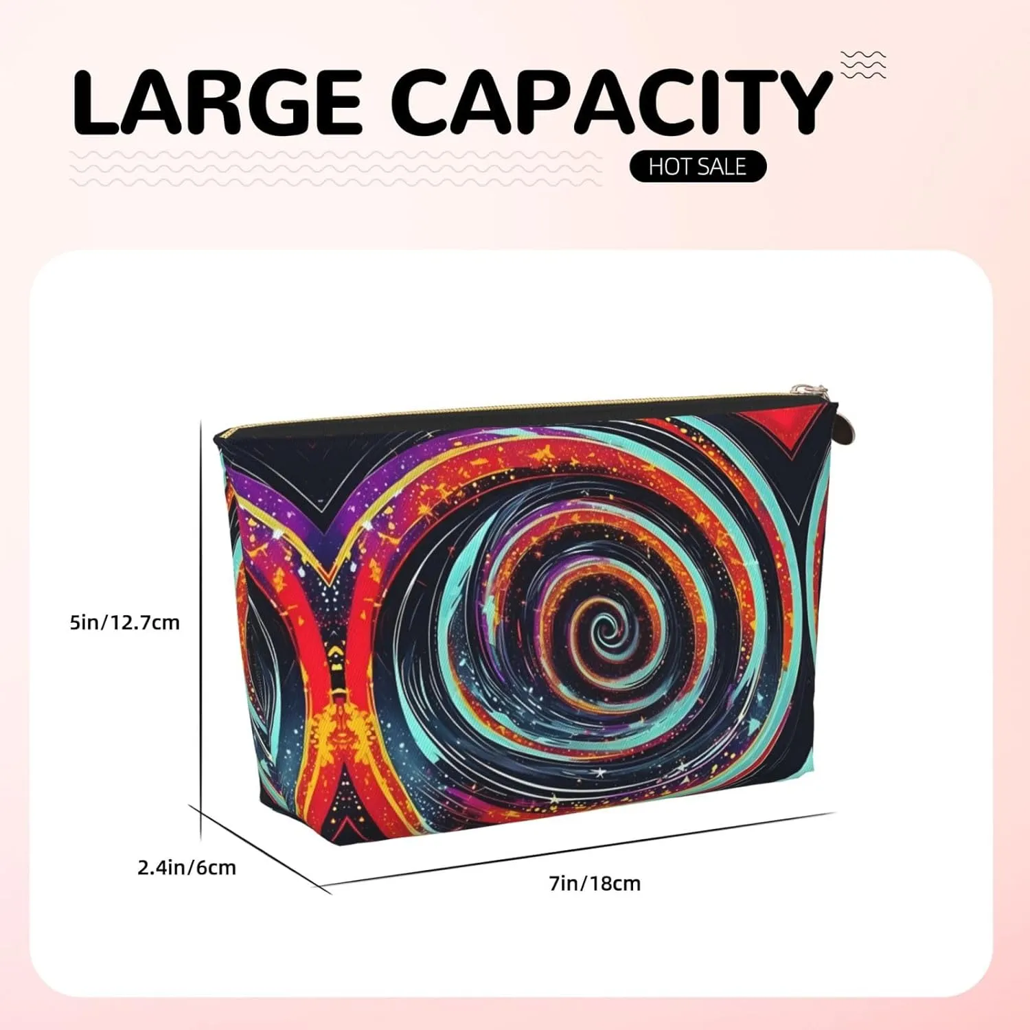 Gold Leather Travel Toiletry Bag â€“ Space Spiral Cosmic Reusable Makeup Organizer, Zippered Canvas Pouch for Daily Essentials