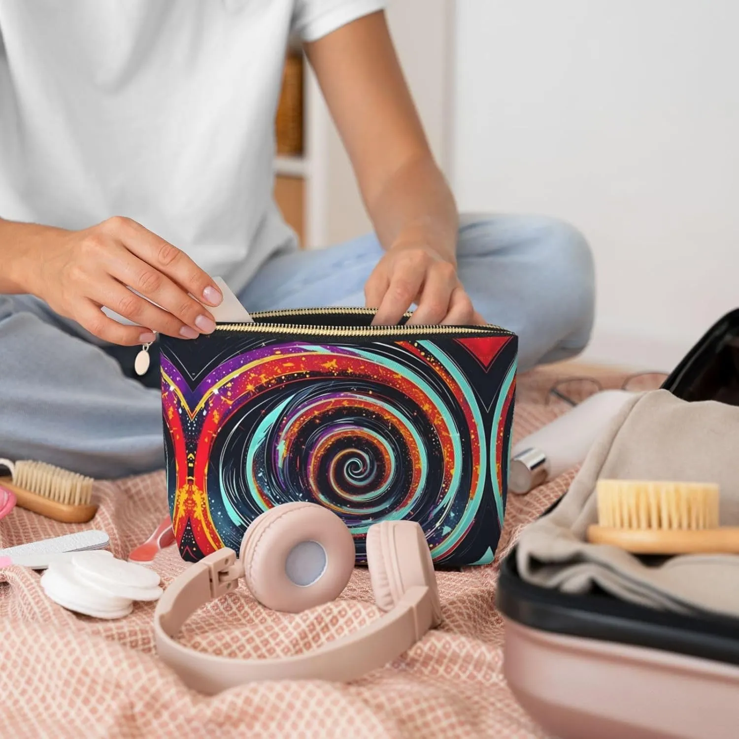 Gold Leather Travel Toiletry Bag â€“ Space Spiral Cosmic Reusable Makeup Organizer, Zippered Canvas Pouch for Daily Essentials