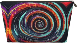 Gold Leather Travel Toiletry Bag â€“ Space Spiral Cosmic Reusable Makeup Organizer, Zippered Canvas Pouch for Daily Essentials