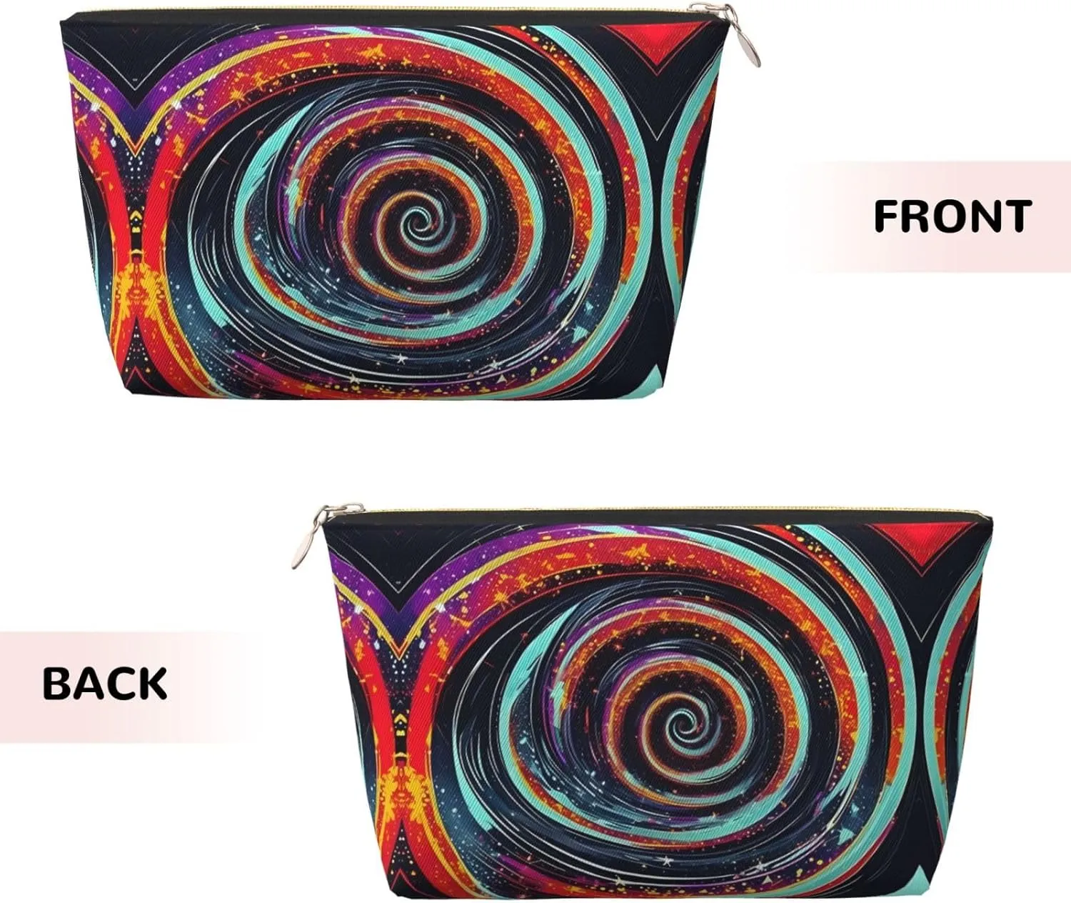 Gold Leather Travel Toiletry Bag â€“ Space Spiral Cosmic Reusable Makeup Organizer, Zippered Canvas Pouch for Daily Essentials