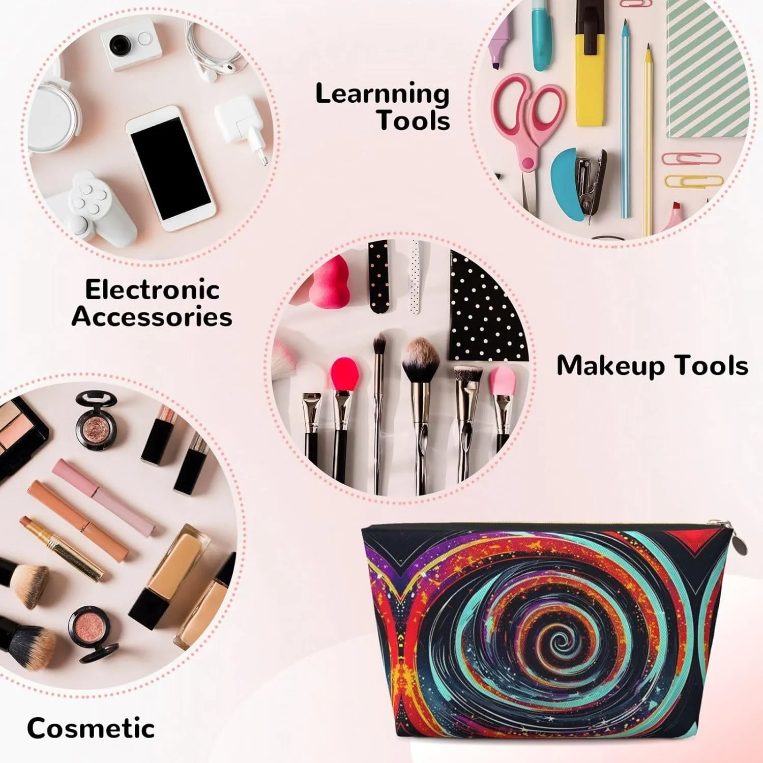Gold Leather Travel Toiletry Bag â€“ Space Spiral Cosmic Reusable Makeup Organizer, Zippered Canvas Pouch for Daily Essentials