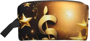 Gold Musical Note with Fallen Shiny Star Print Toiletries Makeup and Daily Essentials Large Capacity Zippered Storage Travel Bag