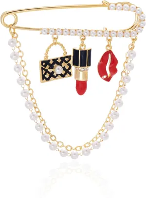 Gold Tone Crystal Pearl Chain Safety Pin Brooch Cardigan Hat Scarf Pin Brooch with Red Lip Charm