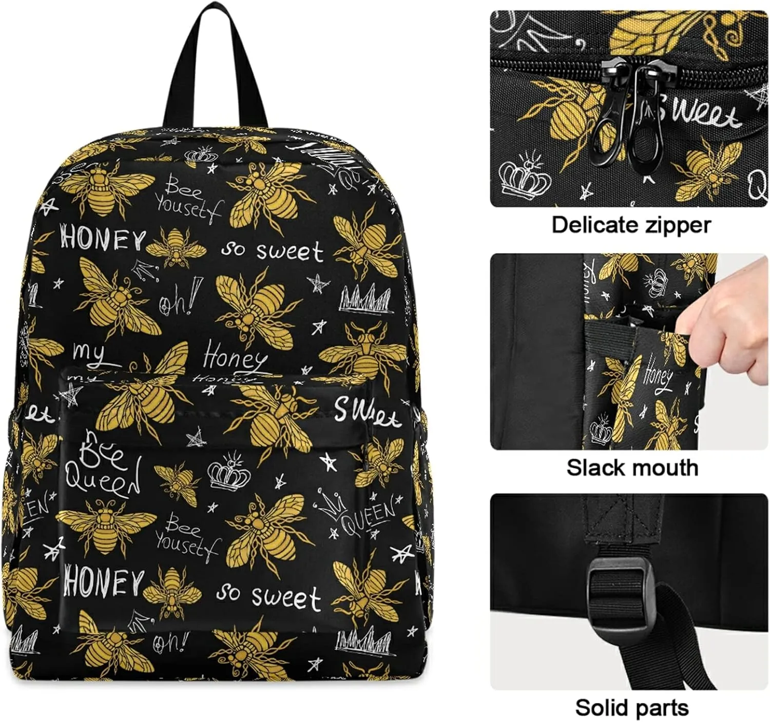 Golden Hohey Bee Pattern Queen Crown Casual Polyester Computer Backpack Large Daypack for Business Sport Travel School Bookbags