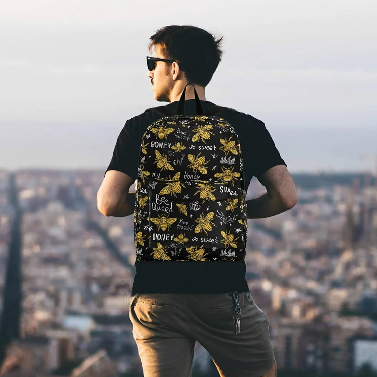 Golden Hohey Bee Pattern Queen Crown Casual Polyester Computer Backpack Large Daypack for Business Sport Travel School Bookbags