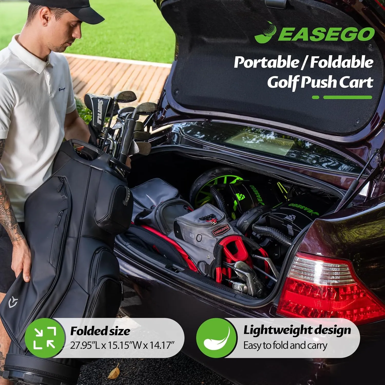 Golf Push Cart 3 Wheel : Golf Bag Cart Foldable with Phone Holder/Cup/Umbrella Holder Compact Golf Pull Carts Quick Fold Golf Caddy Push Carts with Large Wheelbase for Different Terrain
