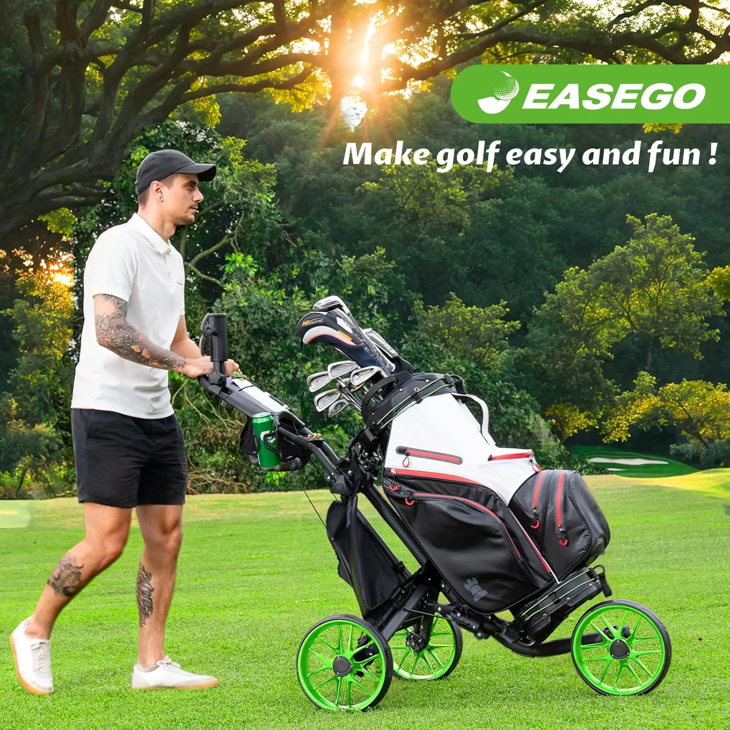 Golf Push Cart 3 Wheel : Golf Bag Cart Foldable with Phone Holder/Cup/Umbrella Holder Compact Golf Pull Carts Quick Fold Golf Caddy Push Carts with Large Wheelbase for Different Terrain