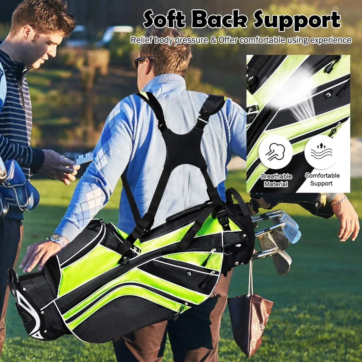 Golf Stand Bag, Golf Club Bag w/6 Large Way Top Dividers & 7 Pockets, Lightweight Golf Carry Bag w/Ergonomic Dual Straps & 2 Aluminium Pole, Lightweight Golf Bag for Men & Women