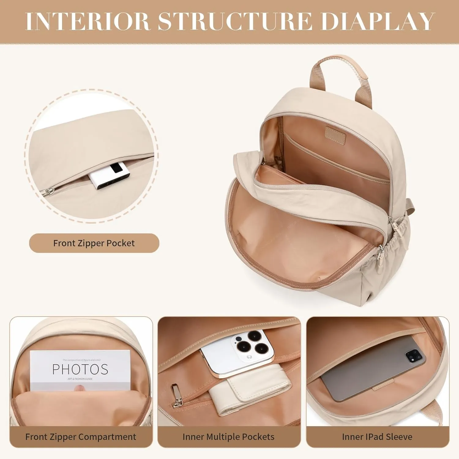 GOLF SUPAGS 13L Mini Backpack Lightweight Nylon Daypack for Women, Small City Pack, Versatile Ladies Backpack for Shopping & Travel, Light Apricot