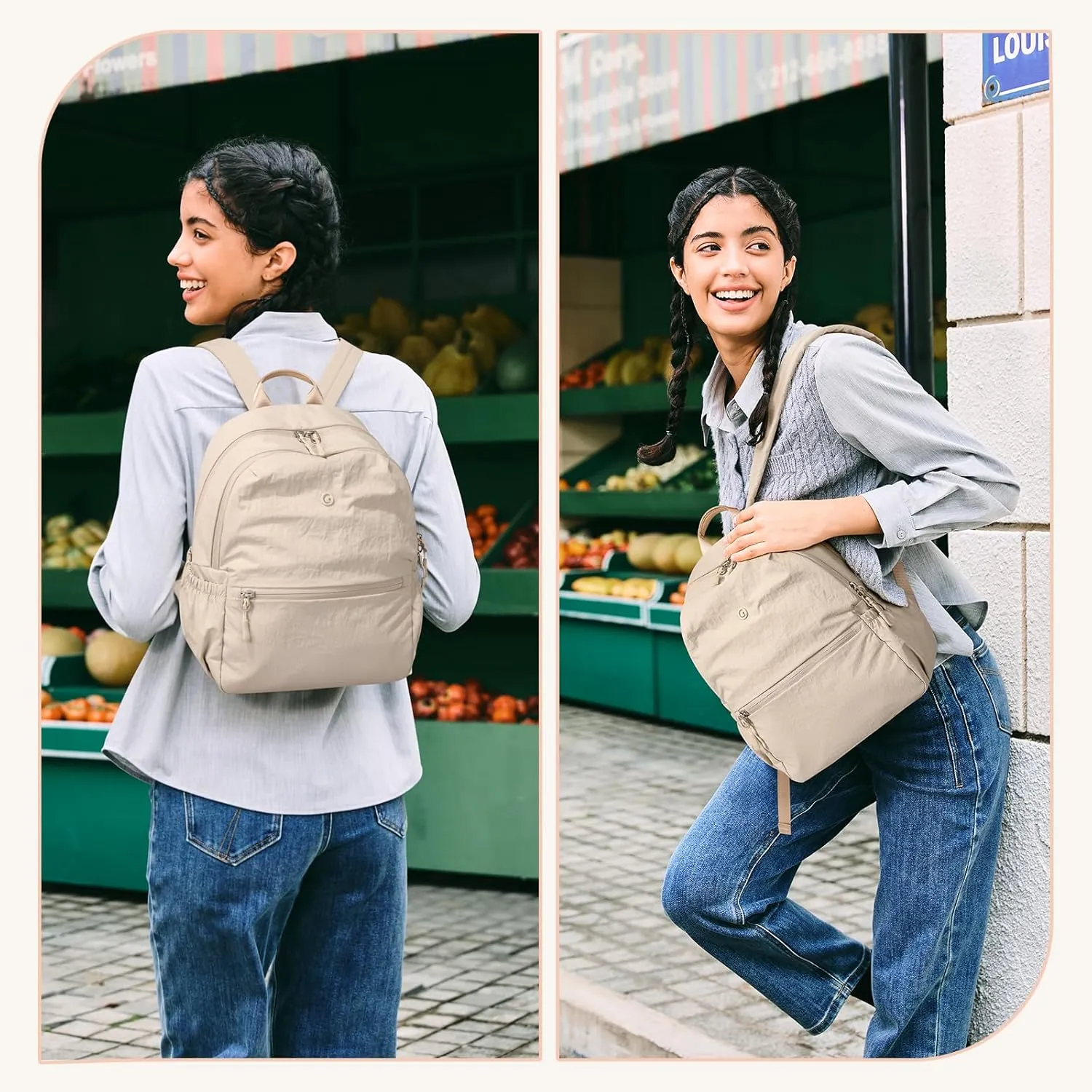 GOLF SUPAGS 13L Mini Backpack Lightweight Nylon Daypack for Women, Small City Pack, Versatile Ladies Backpack for Shopping & Travel, Light Apricot