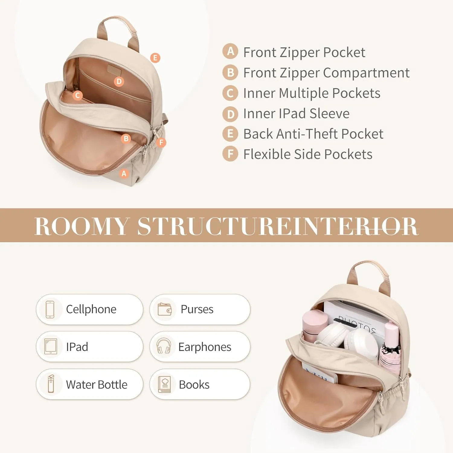 GOLF SUPAGS 13L Mini Backpack Lightweight Nylon Daypack for Women, Small City Pack, Versatile Ladies Backpack for Shopping & Travel, Light Apricot