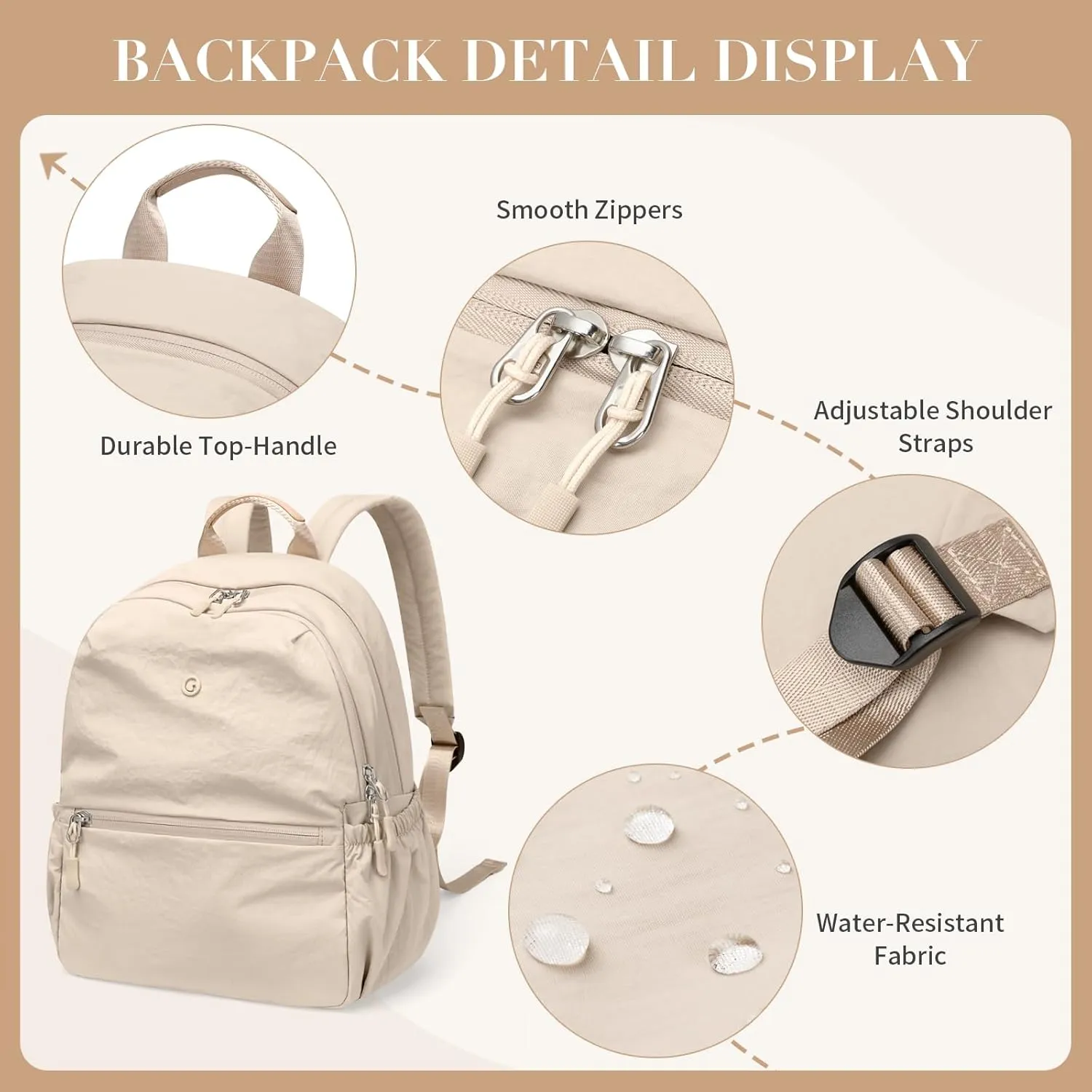 GOLF SUPAGS 13L Mini Backpack Lightweight Nylon Daypack for Women, Small City Pack, Versatile Ladies Backpack for Shopping & Travel, Light Apricot
