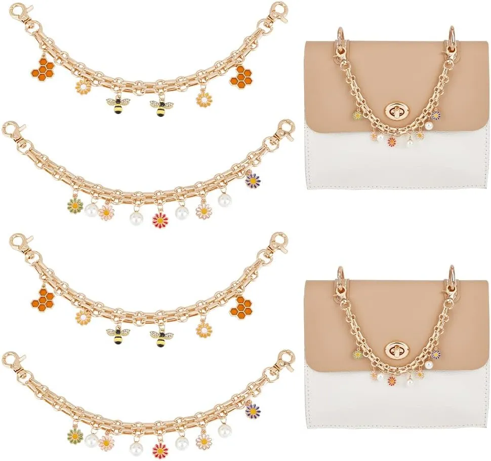 GOMAKERER 4 Pcs 2 Styles Alloy Enamel Chain Strap, Assorted Imitation Pearl Daisy Bee Charms with 9.84 Inch/25cm Handheld Purse Extender Handle Chains Decor for Women Crossbody Shoulder Bag