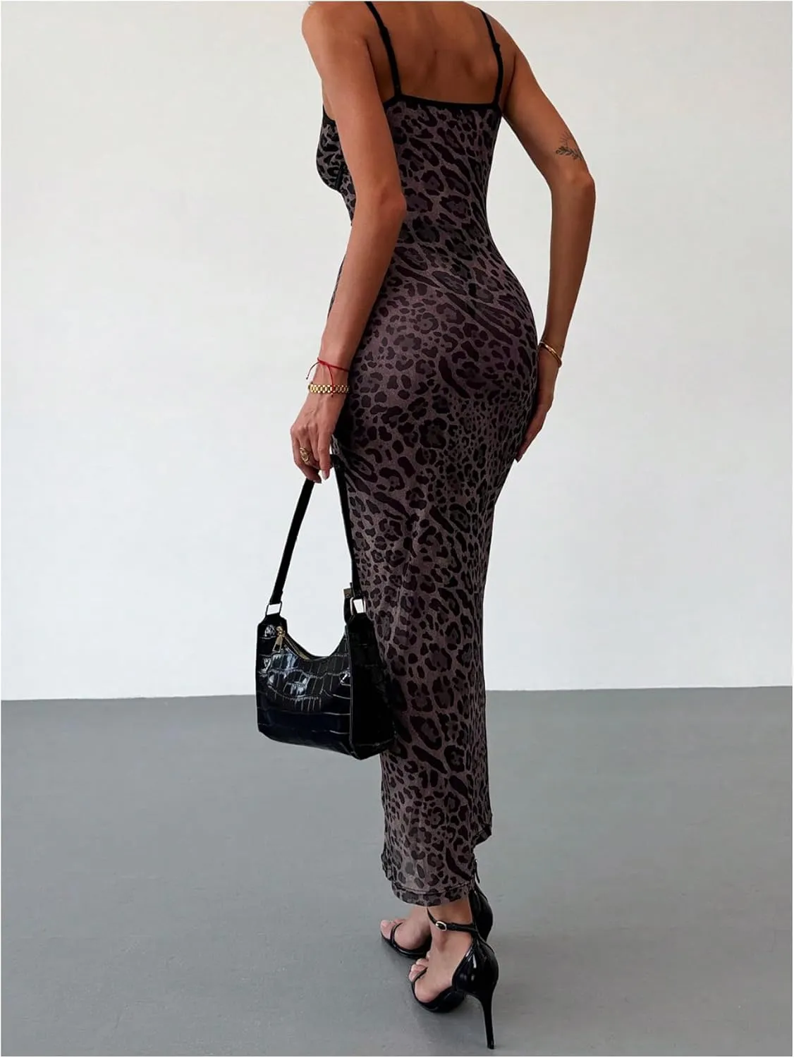 GORGLITTER Women's Cheetah Leopard Y2k Mesh Bodycon Dress Lace Trim Sleeveless Maxi Cami Dresses