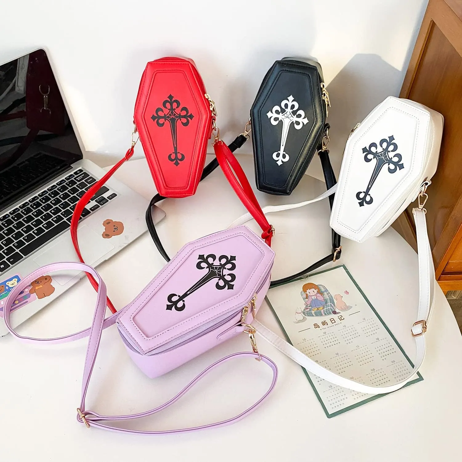 Gothic PU Leather Bag Women’s Crossbody Coffin Shape Bag Cell Phone Purse Small Shoulder Bag for Halloween Cosplay